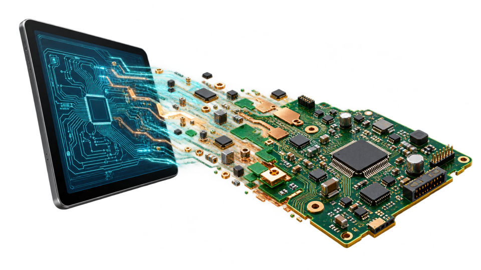 PCB design concept transforming into a manufactured circuit board