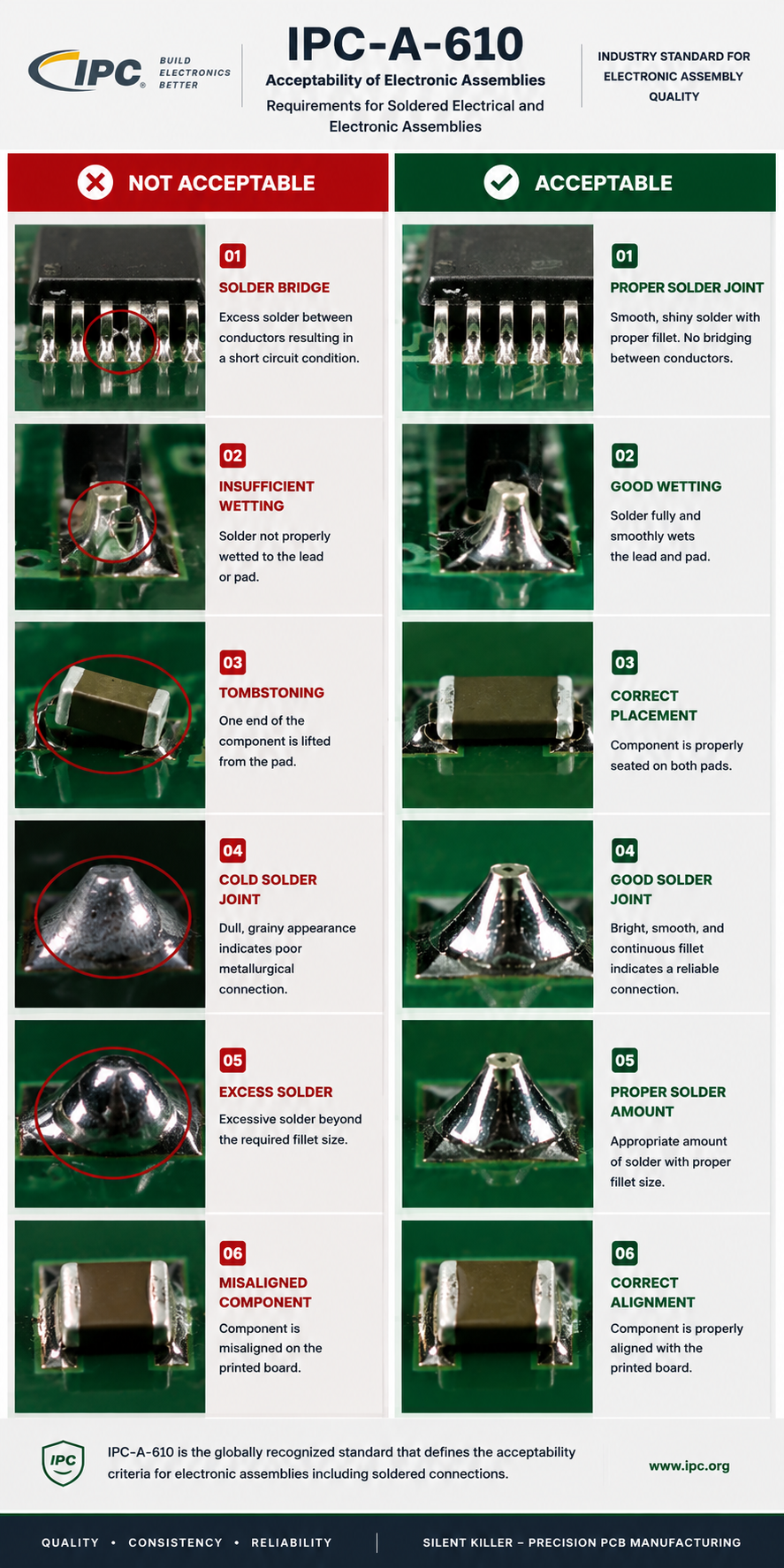 IPC-A-610 acceptable and not acceptable electronic assembly comparison